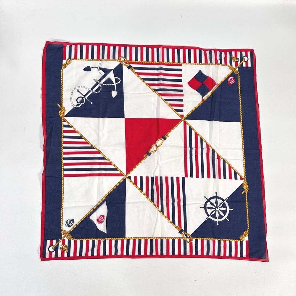 Vintage Nautical Cotton Scarf Red White Blue Coastal Preppy Yacht Club Italy
